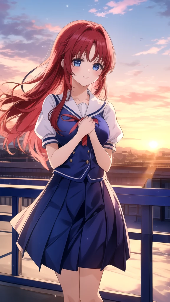 kotorishirakawa, ((masterpiece, best quality, highres, distinct_image)), 
extremely beautiful and delicate, extremely detailed, intricate detail, 1girl, 独奏, short stack, huge breasts, red hair, long hair, straight hair, Blue eyes, BREAK skirt, school uniform, short sleeves, socks, puffy sleeves, puffy short sleeves, Cute Smile Open your mouth, Are standing, (Winter Night、With the sunset and the fence behind、Receiving a confession on the school rooftop。I got closest to that smile:1.1), (Place your hands on your chest:1.3), Two Arms, (cinematic angle:1.1),