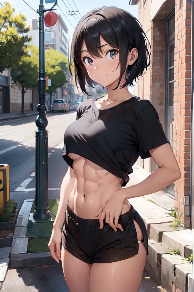 masterpiece, best quality, raw photos, 8k, ultra detailed, ultra high resolution, UHD, very detailed face, hyper realistics, sharp focus, topdown view, solo, 1 girl, teenager, (small breast:0.3), standing, (facing forward:1.2), (tall girl, black short hair, little smile, (six pack abs:1.2), wearing a black t-shirt, undershorts, thin thighs), fantasy world, in the street, beautiful navel, front lighting