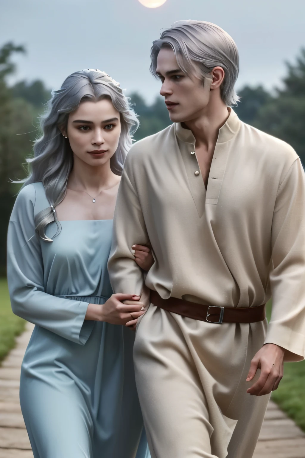 ((hyper realistic)), (masterpiece), (5K), (best quality), detailed, (perfect face), ((A young couple with gray hair)), (she has a long, flowing gray hair), (she has fair skin and brown eyes), (she is wearing a flowing green dress), ((he has short, silver hair)), (he has fair skin and piercing blue eyes), (he is wearing a regal prince's outfit), ((They are walking together in a romantic pose)), ((Walking side by side)), (A soft, moonlit night at background)