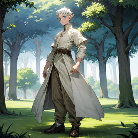 solo character, full body version, young man, chin beard, (elf), blue eyes, white color hair, undercut hair, white formal clothi...