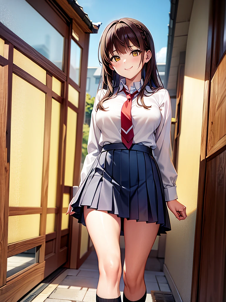 1girl, solo, long hair, breasts, looking at viewer, blush, smile, bangs, skirt, brown hair, shirt, long sleeves, brown eyes, closed mouth, school uniform, standing, yellow eyes, white shirt, pleated skirt, outdoors, necktie, sky, socks, collared shirt, blue skirt, kneehighs, feet out of frame, white socks, red necktie, shirt tucked in, architecture, east asian architecture