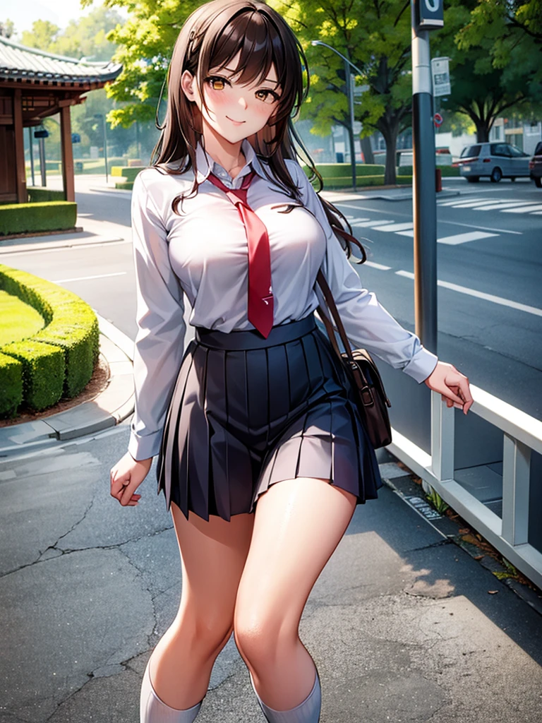 1girl, solo, long hair, breasts, looking at viewer, blush, smile, bangs, skirt, brown hair, shirt, long sleeves, brown eyes, closed mouth, school uniform, standing, yellow eyes, white shirt, pleated skirt, outdoors, necktie, sky, socks, collared shirt, blue skirt, kneehighs, feet out of frame, white socks, red necktie, shirt tucked in, architecture, east asian architecture