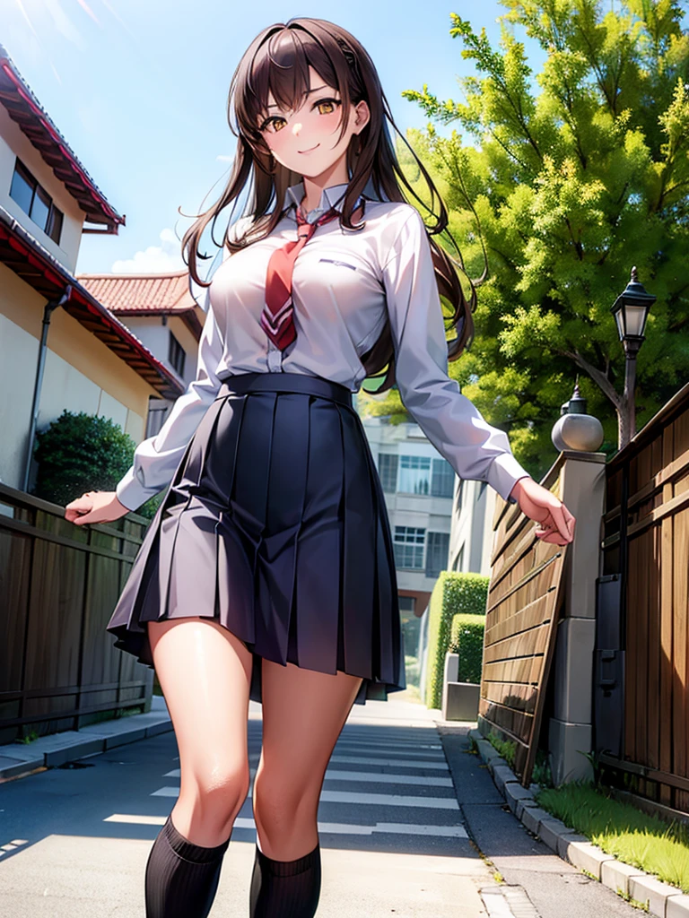 1girl, solo, long hair, breasts, looking at viewer, blush, smile, bangs, skirt, brown hair, shirt, long sleeves, brown eyes, closed mouth, school uniform, standing, yellow eyes, white shirt, pleated skirt, outdoors, necktie, sky, socks, collared shirt, blue skirt, kneehighs, feet out of frame, white socks, red necktie, shirt tucked in, architecture, east asian architecture