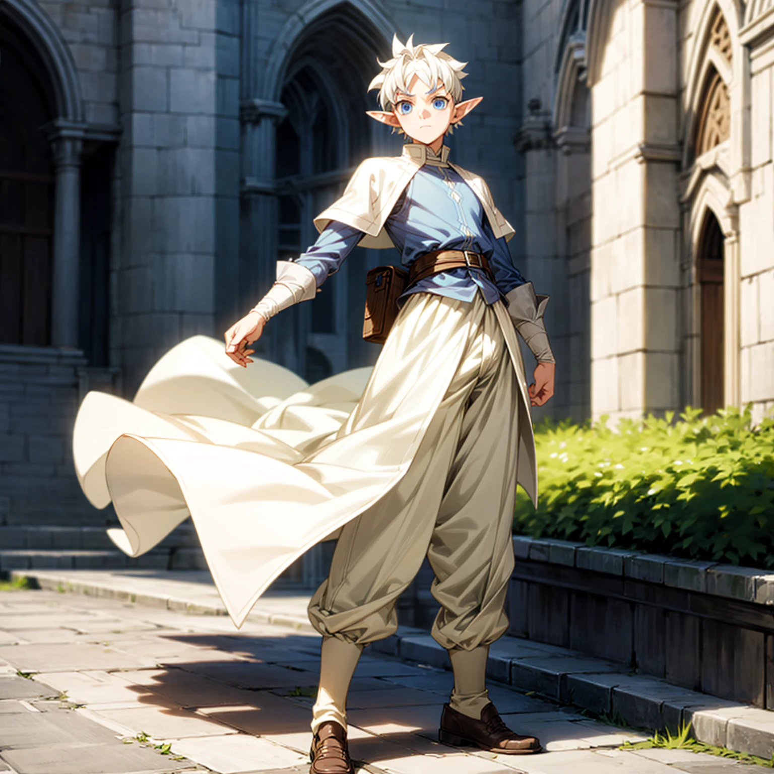 Solo character, full body version, young man, chin beard, (elf), blue eyes, white color hair, undercut hair, white formal clothing, brown pants, shoes, outdoor, town, medieval, standing gesture, detailed background, detailed clothing, detailed hair, (Hunter x Hunter style art)