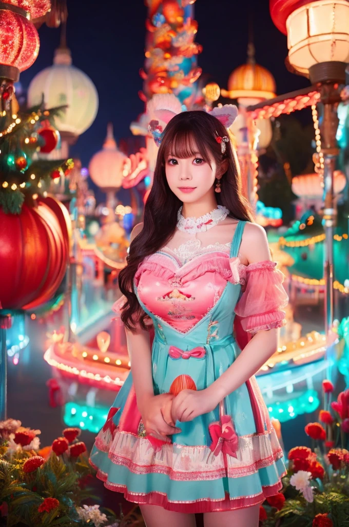 best quality, 8k, highly detailed face and skin texture, high resolution, big tits japanese girl in colorfull dress stand in front of merry go round at night, under the light, full body, sharp focus