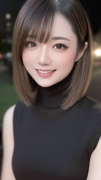 Nene Kasaki々、Shiny brown hair, short hair, (Beautiful brown eyes、Sparkling eyes, fine grain)、smile、Very fine eye、Very detailedな顔, Very detailedな目, (masterpiece:1.2, 最high quality:1.1, High resolution,Absurd, high quality),reflected light, colorful,Very detailedな, Ultra HD, Very detailed, masterpiece, High resolution, Beautiful woman, beauty, 30 years old, Black sleeveless turtleneck, mini pencil skirt, Beautiful woman, Hotel at night, Standing and looking at me, (High resolution face), (High resolution eyes), big ,