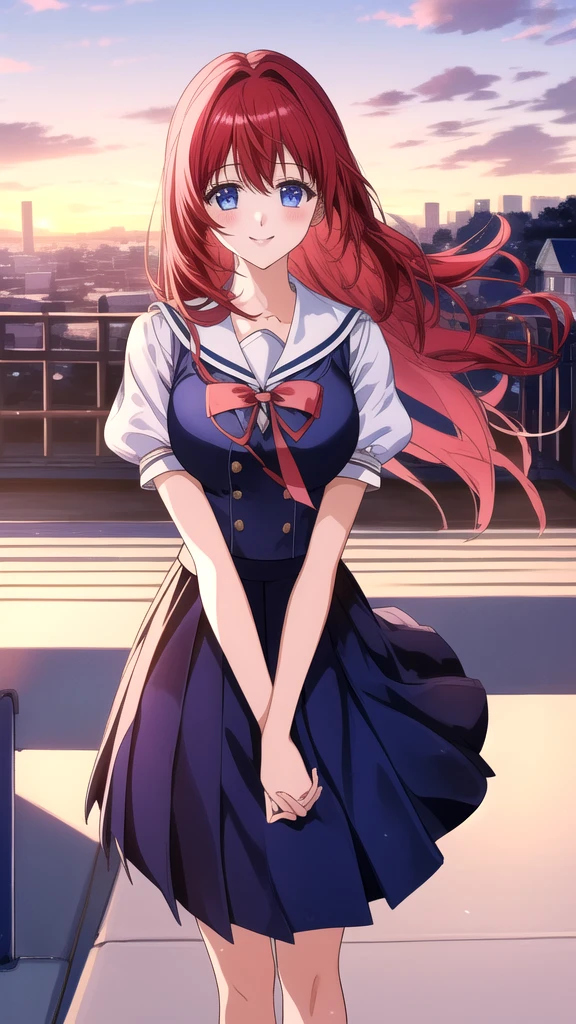 kotorishirakawa, ((masterpiece, best quality, highres, distinct_image)), 
extremely beautiful and delicate, extremely detailed, intricate detail, 1girl, solo, short stack, huge breasts, red hair, long hair, straight hair, Blue eyes, BREAK skirt, school uniform, short sleeves, socks, puffy sleeves, puffy short sleeves, Cute Smile Open your mouth, Are standing, (Winter Night、With the sunset and the fence behind、Receiving a confession on the school rooftop。I got closest to that smile:1.1), (Place your hands on your chest:1.3), Two Arms, (cinematic angle:1.1),