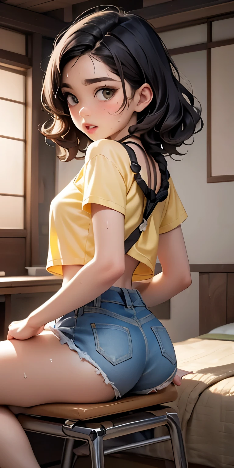 Mouth wide open and orgasmic face、See-through、Tatami Japanese room、White shorts(Backwards posture with emphasis on buttocks, riding position)Realistic Face、Sweaty、(8-year-old)、(((black braid hair、)))Tomboy.Emphasis on breast valley((Wearing Lemon yellow t-shirt.Wearing denim shorts))、((Wearing a red camisole))、Sexy posing、Moisturizing pink lips