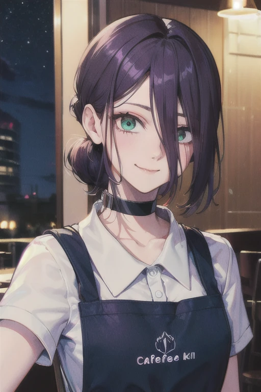 (Highest quality)、(Highest quality)、cut、Chainsaw Man、cute、(choker).eyes are emerald、Her hair is purple、Short Bob、Beautiful night view、whole body、detailed、強力なdetailed、cut、((Keep your facial image)).((Cafe capacity)).((smile)).((Daytime)).((apron)).