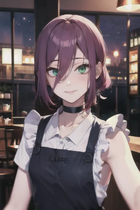 (highest quality)、(highest quality)、cut、chainsaw man、cute、(choker).eyes are emerald、her hair is purple、short bob、beautiful night...