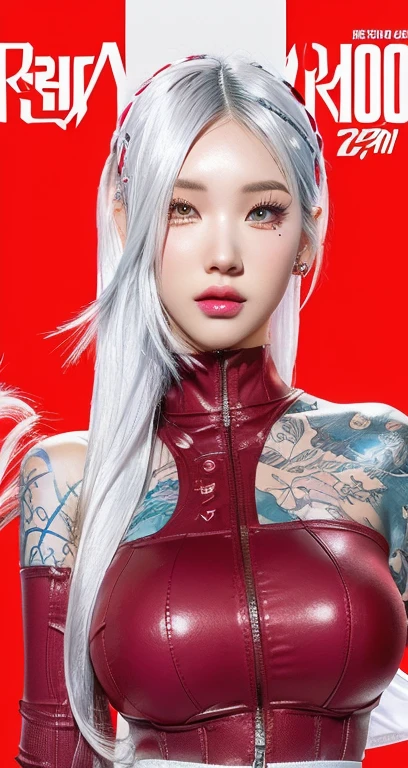 A cartoon of a woman with white hair and piercings., Style Ross Tran, loico |, In the style of Ross Tran, cyborg - girl with silver hair, Loico and Ross Tran, portrait of Kim Petras, arcane faux pas portrait, rossdraws 1. 0, rossdraws vibrant cartoons, Krenz Cushart and Artgerm, Big breasts, heavy breasts, wasp waist.,