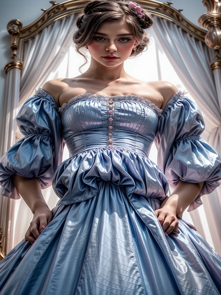 Rococo style woman, whole body, full body photography, ɓlonde hair, bun,banges,  half open mouth, light blue rococo dress,  pink shiny lipgloss, very long eyelashes, 