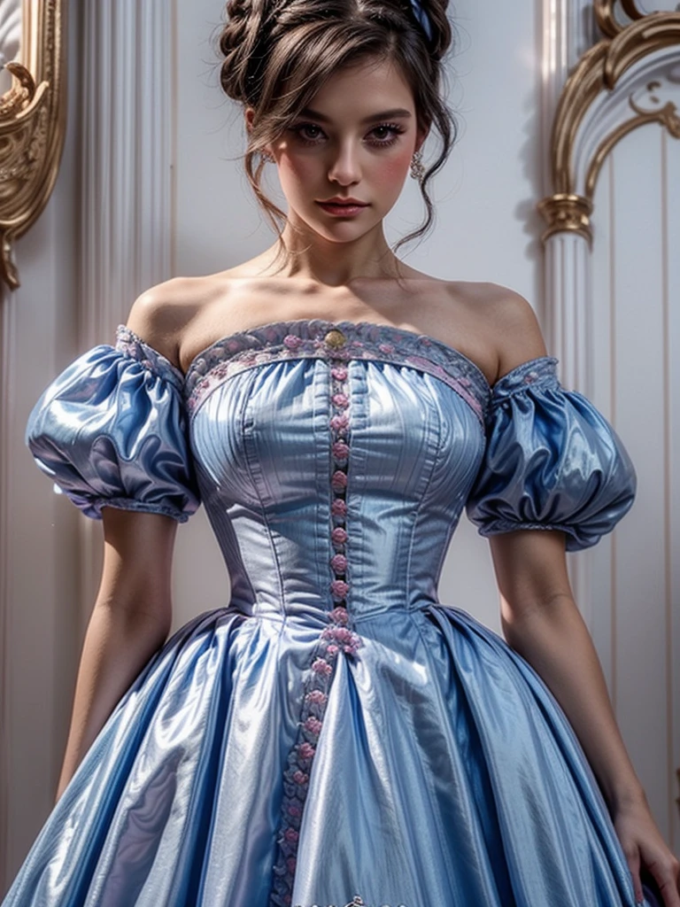 Rococo style woman, whole body, full body photography, ɓlonde hair, bun,banges,  half open mouth, light blue rococo dress,  pink shiny lipgloss, very long eyelashes, 