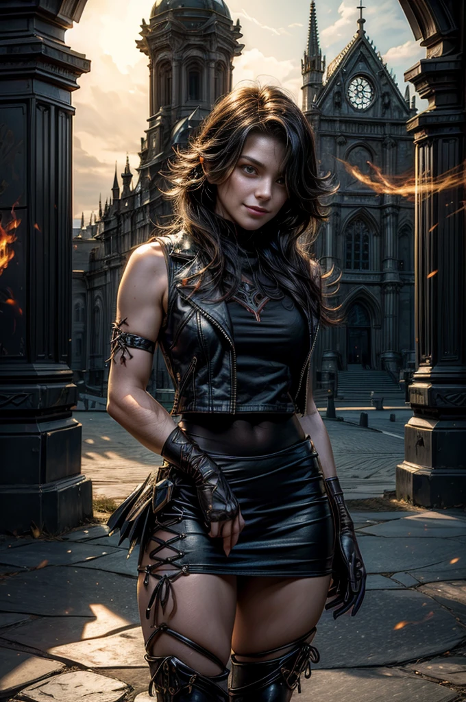 (masterpiece, best quality:1.2), cowboy shot, solo, 1girl, cinder fall, evil smile,holding flames, looking at viewer, long hair, t-shirt, white skirt, sleeveless jacket, elbow gloves, pantyhose, standing outside huge gothic building, trees, (volumetric lighting), sharp focus, hyper detailed 