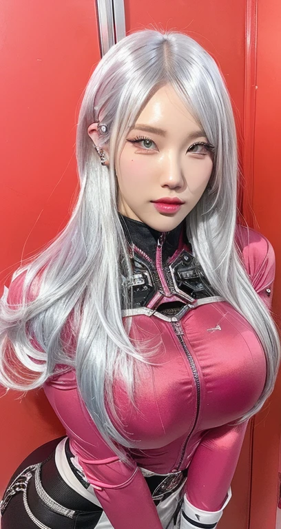 A cartoon of a woman with white hair and piercings., Style Ross Tran, loico |, In the style of Ross Tran, cyborg - girl with silver hair, Loico and Ross Tran, portrait of Kim Petras, arcane faux pas portrait, rossdraws 1. 0, rossdraws vibrant cartoons, Krenz Cushart and Artgerm, Big breasts, heavy breasts, wasp waist.,