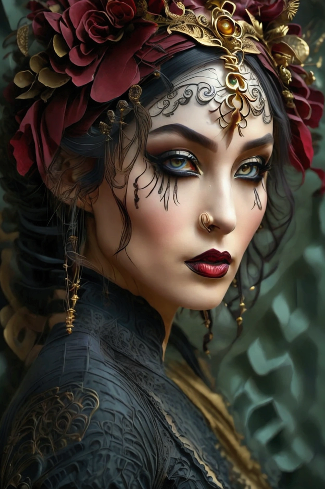 Neil Gaiman Style: Dark, Literary Fantasy Makeup: Deep, rich colors like maroon, navy, and gold. Use intricate, ornate designs inspired by literary motifs and mythical creatures.