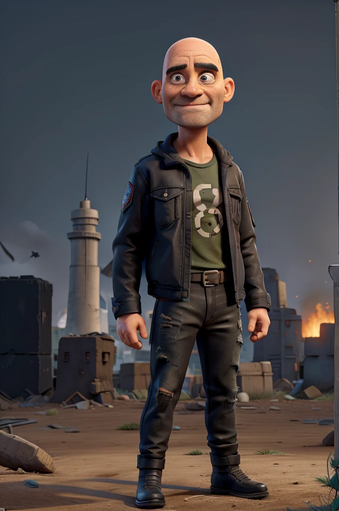 generate image of bald man with something, like a weapon in the hands. Part of his torso is visible through his jacket.. He has black jeans and rough boots.. He stands on a pile of dead zombies.. 3d cartoon image. Against the backdrop of all this, a nuclear mushroom cloud can be seen.