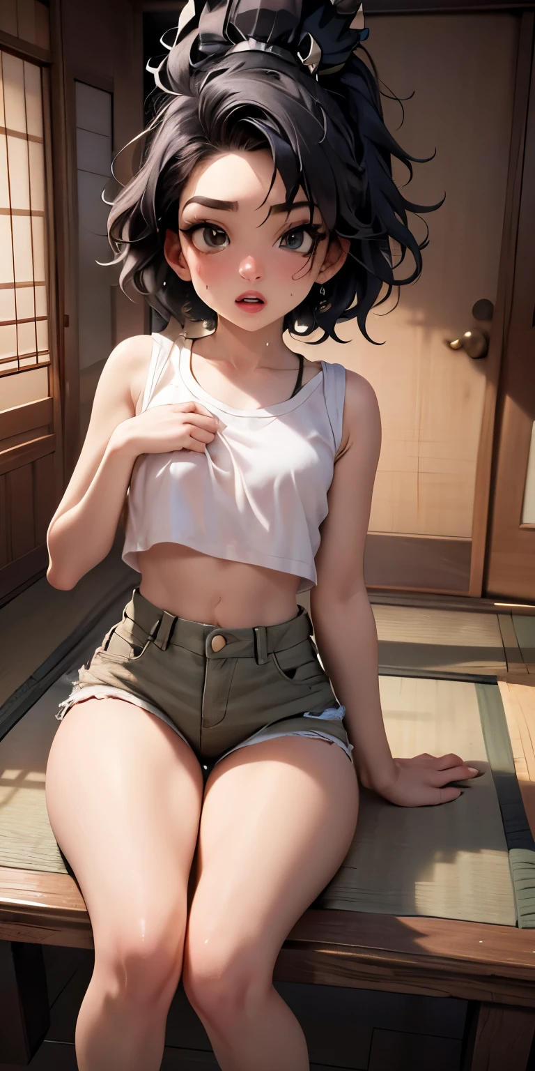 、Mouth wide open and orgasmic face、See-through、Tatami Japanese room、White shorts(Backwards posture with emphasis on buttocks, riding position)Realistic Face、Sweaty、(8-year-old)、(((black mohawk hair、)))Tomboy.Emphasis on breast valley((Wearing: Khaki T-shirt.Wearing denim shorts))、((Wearing a red camisole))、Sexy posing、Moisturizing pink lips