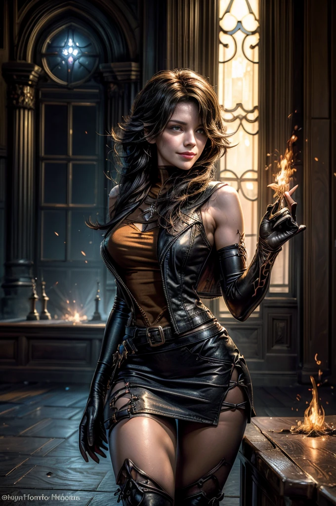 (masterpiece, best quality:1.2), cowboy shot, solo, 1girl, cinder fall, evil smile,holding flames, looking at viewer, long hair, t-shirt, white skirt, sleeveless jacket, elbow gloves, pantyhose, standing inside huge gothic library (volumetric lighting), sharp focus, hyper detailed 