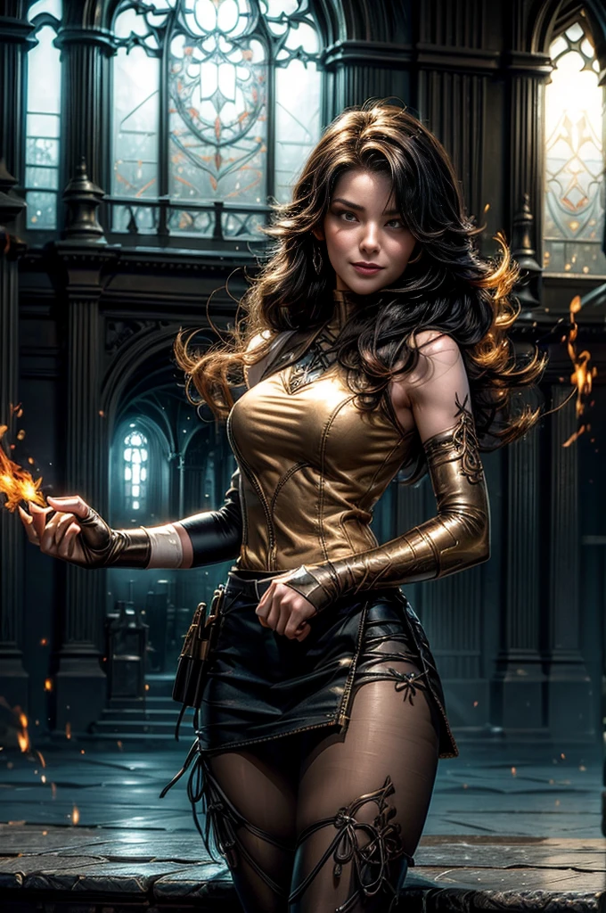 (masterpiece, best quality:1.2), cowboy shot, solo, 1girl, cinder fall, evil smile,holding flames, looking at viewer, long hair, t-shirt, white skirt, sleeveless jacket, elbow gloves, pantyhose, standing inside huge gothic library (volumetric lighting), sharp focus, hyper detailed 