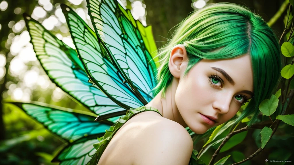 “Create an extreme close-up portrait of a Leaf Fairy. The fairy should have vibrant green hair, delicate leaf or flower-like wings, and a serene expression. The background should be heavily blurred to emphasize the fairy’s face, with soft, nature-inspired colors.”