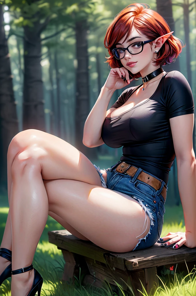 
(large breasts 1.4), beautiful elf woman, ((Short Red Hair: 1.6, straight with shine)), bright blue eyes, bright eyes, double eyelids, light effect on eyes, detailed irises, sexy, curvy body, glasses,(( black tee shirt, choker, tiny denim shorts, black high heels, legs exposed,)) ((micro denim shorts, edgy sexy, Beautiful and cool, shorts)), ((work of art, hyper-realistic, hyper detailed, Best quality, 16k, light and shadow on skin, vivid colors), eyeliner, Thin eyebrows, Sensual expression, perfect lips, sexy mature face, ((skin with light and shadow) flirting seductively with the viewer, lots of freckles, full lips, extreme blush, smile, ((sitting with knees up and legs slightly spread on grass in forest)), daytime, noon, rays of light, masterpiece, ((hand resting in hair, biting lower lip)) ((Side View)),