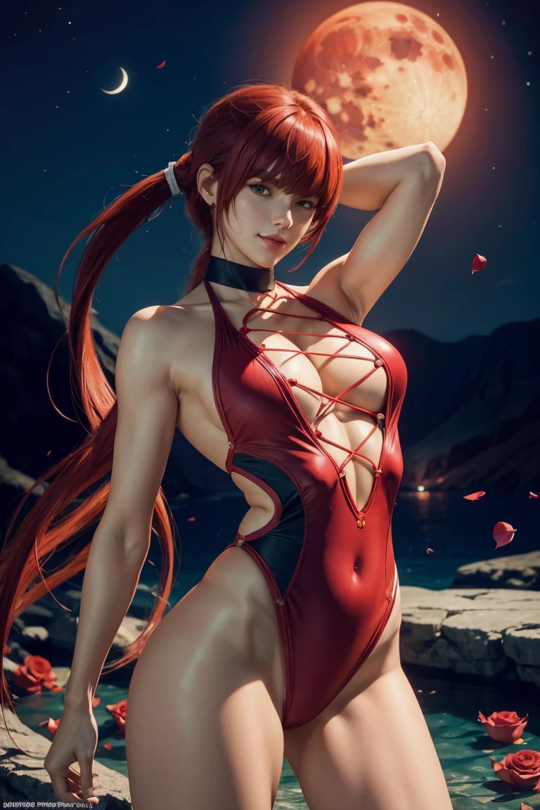 KOF,King of Fighters,Shermie,Red hair,long hair,Long hair tied in a ponytail,Hide your eyes with bangs,Beautiful white skin,Photorealistic,Ultra HD,high quality,masterpiece,Digital SLR,Detailed details,Intricate details,Anatomical basis,Depicted in detail,A detailed face,Realistic skin texture,Vivid details,Perfect Anatomy,Perfect Anatomy,Anatomically correct hand,Anatomically correct fingers,Super Detail,Complex 3D rendering,Sexy pose,Red swimsuit,Fantasy worldview,Beautiful red sea,Beautiful Red Moon,Beautiful night sky,Petals of roses dance,Picturesque,Pink Lips,smile,