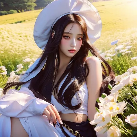 anime girl with long hair and a white turban sitting in a field of flowers, anime brunette, brunette anime manga girl, bohemia c...