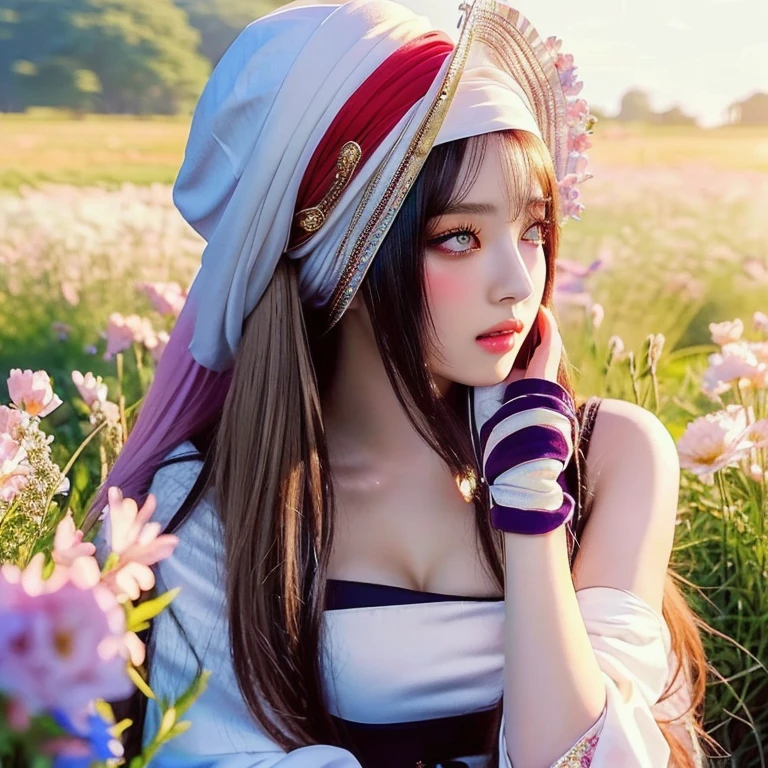 anime girl with long hair and a white turban sitting in a field of flowers, anime brunette, brunette anime manga girl, bohemia chic | | very lively!!!, guweiz style artwork, anime vibes, anime in fantasy style, black anime pupils in his eyes, official art, anime visual of a young woman, jisoo from blackpink, popular south korean makeup, quality detailed ,(beautiful makeup :1. big breasts, heavy breasts, defined waist