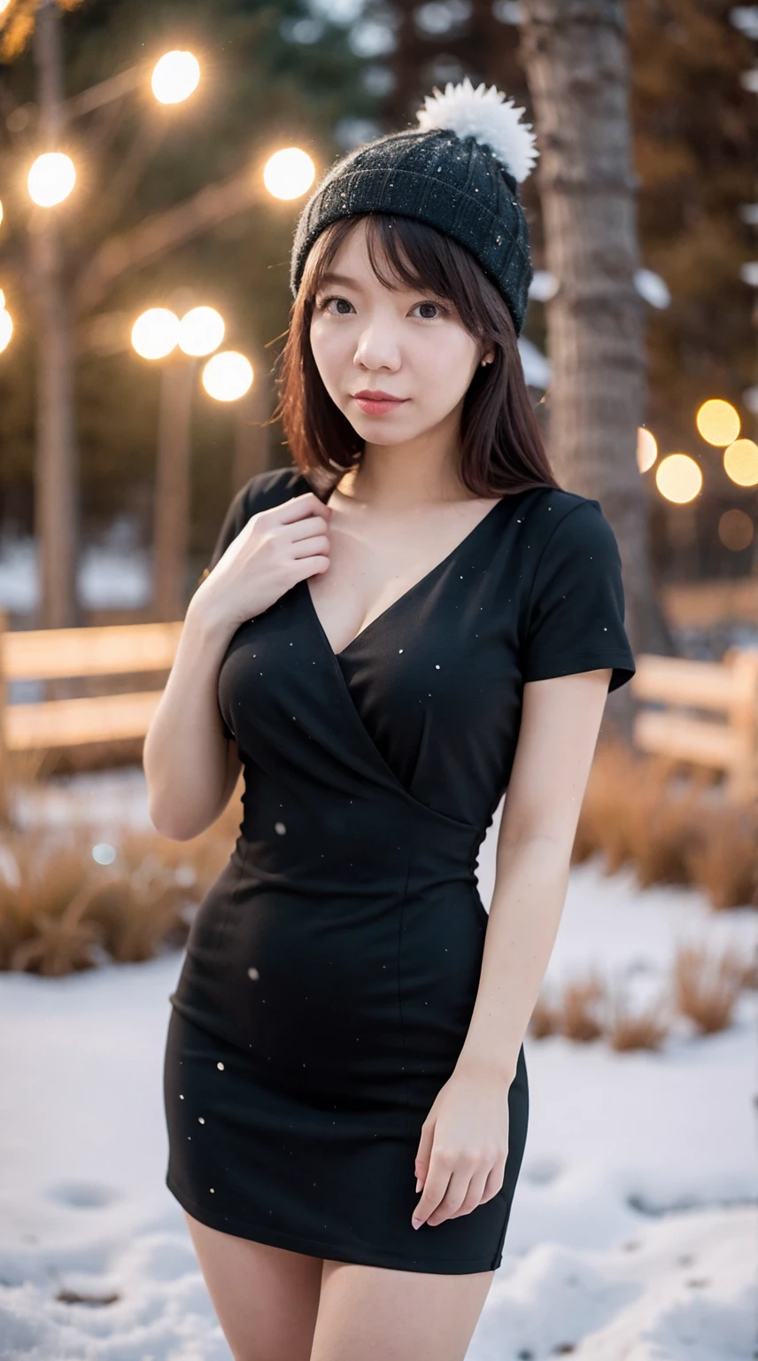 (masterpiece, best quality:1.2), 1girl, 35yo, solo, thick body, wearing thighed black dress, mini dress, ParewaFace, standing against snow city, blurry background, depth of field, ((bokeh)), (snow falling)