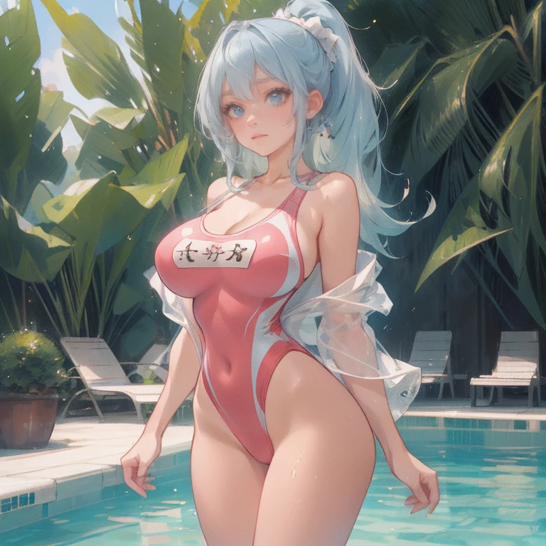 Anime Kawaii sexy Perfect Slim sensual body large breast and huge thighs, An intricate and highly detailed illustration of anime (Young girl  (cute), ((sexly)), ((Very detailed)), 4K, (8k), Highest quality,Cowboy Shot,Sexy woman, One Woman,Very large breasts,((Light blue hair color)),((Blue eyes)),(High Ponytail),((Embarrassing)),(((High leg competitive swimsuit))),Ultra-glossy body,Poolside