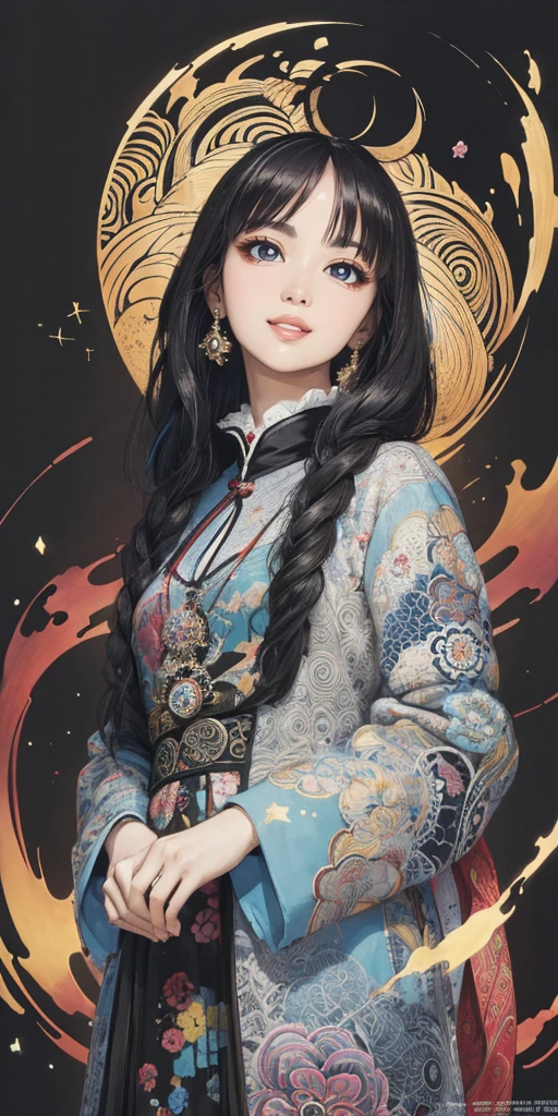 official art, unity 8k wallpaper, ultra detailed, beautiful and aesthetic, masterpiece, best quality, chinese style, (zentangle, mandala, tangle, entangle), ecstasy of flower, 1girl, extremely detailed, dynamic angle, cowboyshot, the most beautiful form of chaos, elegant, a brutalist designed, vivid colours, romanticism, by james jean, roby dwi antono, ross tran, francis bacon, michal mraz, adrian ghenie, petra cortright, gerhard richter, takato yamamoto, ashley wood, atmospheric