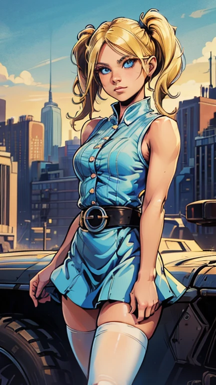 (Bubbles:1.0), (extremely detailed CG unit 8k wallpaper),(master part), (best quality), (ultra detail), (best illustration),(art adams style), cowboy shot, (Sharp eyeliner, ombre, detailed eyes:1), city, outdoors background, ,break , (Dan Mumford Background), upper body, (yellow-blonde hair, blue eyes, short twintails, pigtails), (dress, sky-blue sleeveless dress, simple black belt, white thighhighs)