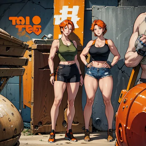 woman, 20-year-old, orange hair, aesthetic body, thick, ((stylish)), mechanic, mechanic clothes, muscular legs, desert camouflag...