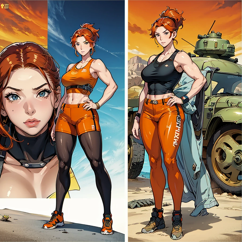 woman, 20-year-old, Orange Hair, Aesthetic body, Thick, ((stylish)), Mechanic, Mechanic clothes, Muscular legs, Desert camouflage, big , Tank top, Shorts, Futuristic, tools, High-tech equipment, toolsベルト, Different angles, (front, return, ~ side), Character Sheet, Model Sheet, Reference Sheet.