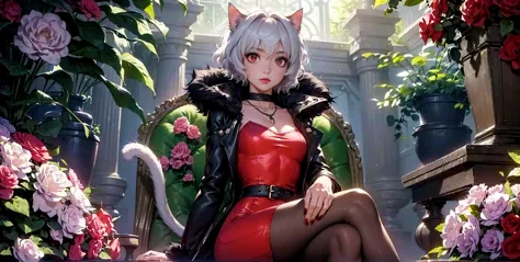 ((1girl, solo ,alone)), ((solo, 1woman, ((neferpitou, cat tail, short white hair, short messy hair, cat ears, red eyes, small bu...