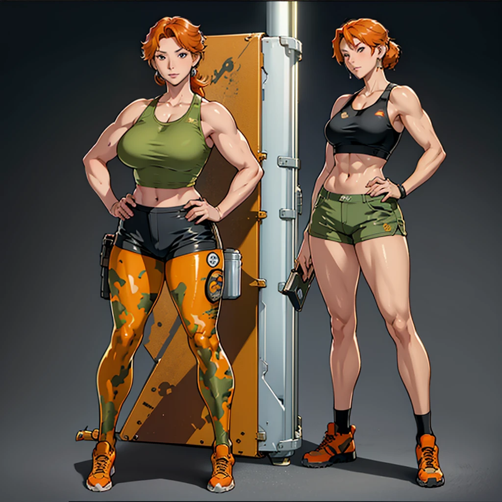 woman, 20-year-old, Orange Hair, Aesthetic body, Thick, ((stylish)), Mechanic, Mechanic clothes, Muscular legs, Desert camouflage, big , Tank top, Shorts, Futuristic, tools, High-tech equipment, toolsベルト, Different angles, (front, return, ~ side), Character Sheet, Model Sheet, Reference Sheet.