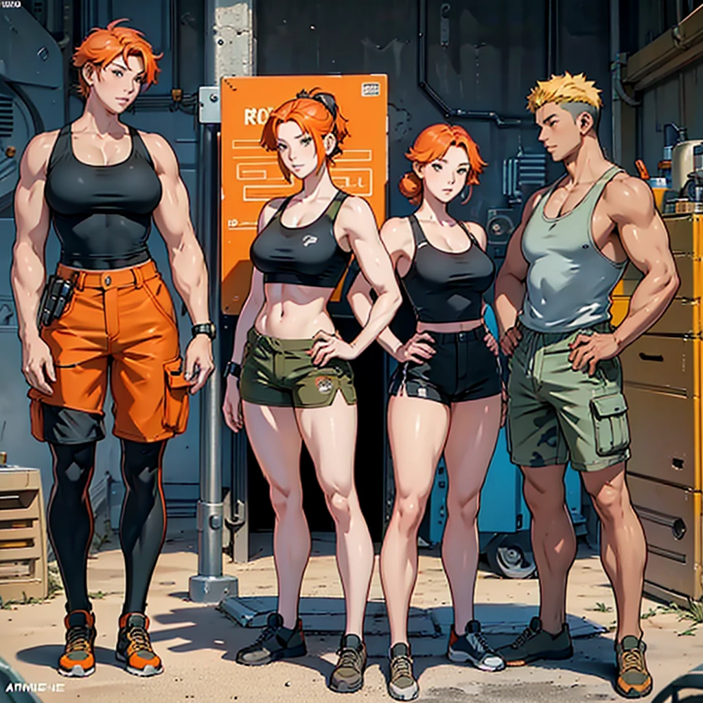 woman, 20-year-old, Orange Hair, Aesthetic body, Thick, ((stylish)), Mechanic, Mechanic clothes, Muscular legs, Desert camouflage, big , Tank top, Shorts, Futuristic, tools, High-tech equipment, toolsベルト, Different angles, (front, return, ~ side), Character Sheet, Model Sheet, Reference Sheet.