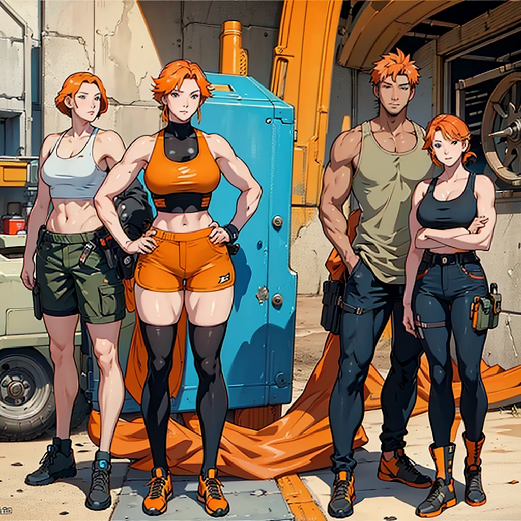 woman, 20-year-old, Orange Hair, Aesthetic body, Thick, ((stylish)), Mechanic, Mechanic clothes, Muscular legs, Desert camouflage, big , Tank top, Shorts, Futuristic, tools, High-tech equipment, toolsベルト, Different angles, (front, return, ~ side), Character Sheet, Model Sheet, Reference Sheet.