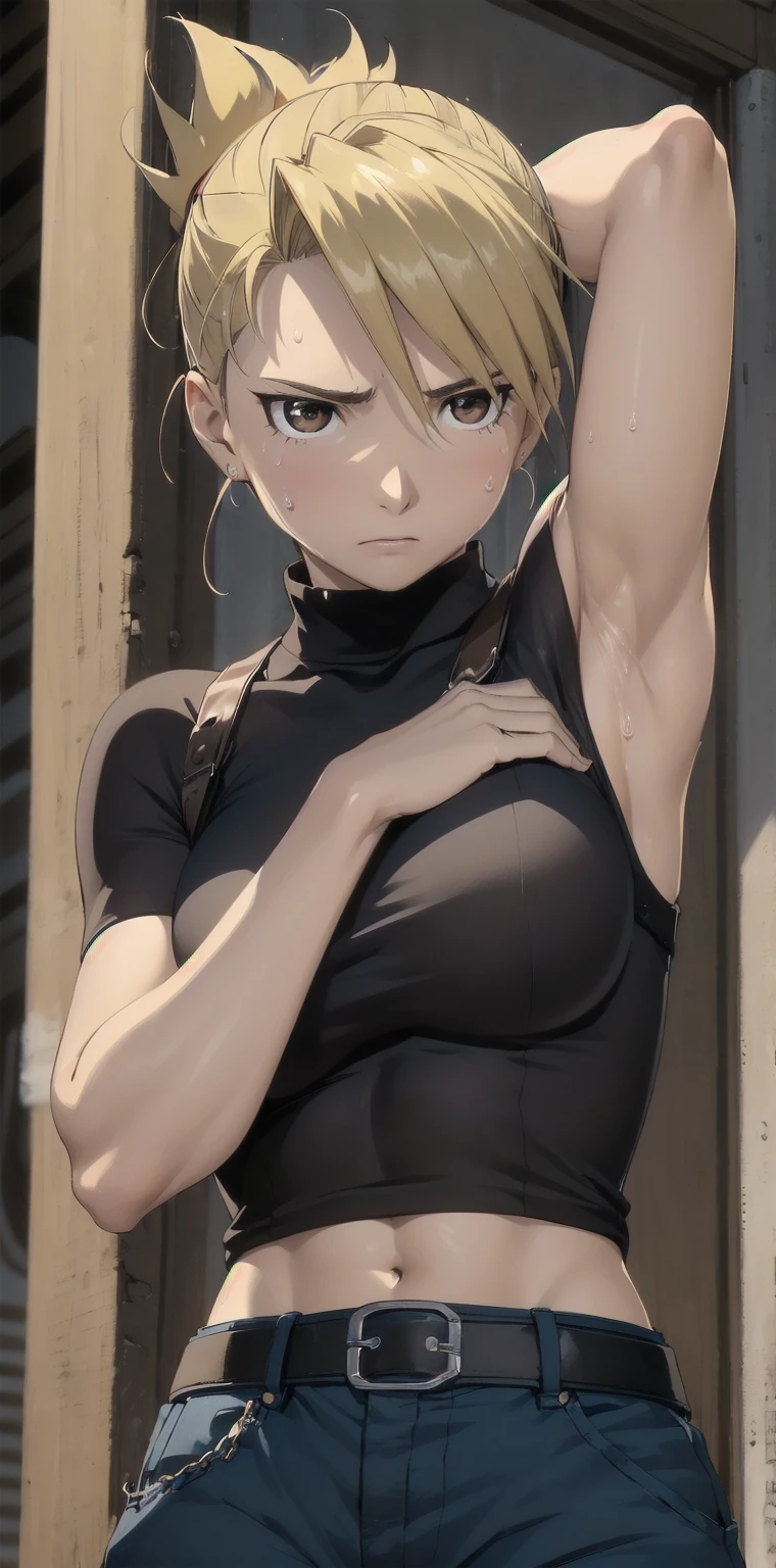 masterpiece, highest quality, High resolution, One Girl, Hamriz, ponytail, Brown eyes,big , Black Shirt, Tight shirt, holster, Short sleeve, belt, Covered navel, Blue pants,indoor、Upper body close-up、Muscular body、blush、Sweat、Composition from the front、anime、(((Close-up of a person、Raise your arms、Both armpits exposed、Sweat、Look forward)))