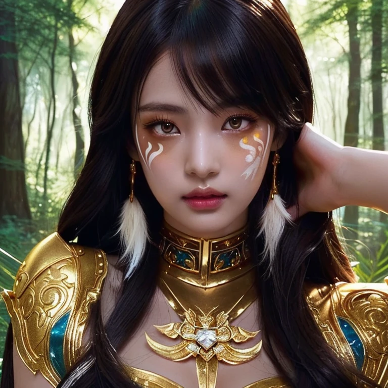 anime girl with white face paint and golden jewelry in the forest, fantasy art style, dark skinned female goddess of love, beautiful avatar photos, rossdraws | tanned skin, epic fantasy art style, brunette anime manga girl, :: rossdraws, artgerm y rossdraws, rossdibuja 2. 5, digital anime illustration, extremely detailed artistic germ