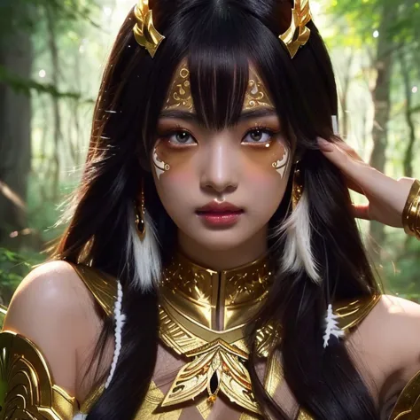 anime girl with white face paint and golden jewelry in the forest, fantasy art style, dark skinned female goddess of love, beaut...