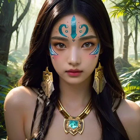 anime girl with white face paint and golden jewelry in the forest, native american woman, aztec princess, fantasy art style, dar...