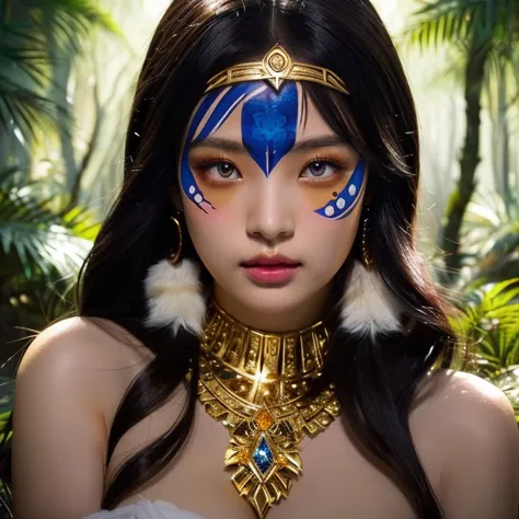 anime girl with white face paint and golden jewelry in the forest, native american woman, aztec princess, fantasy art style, dar...