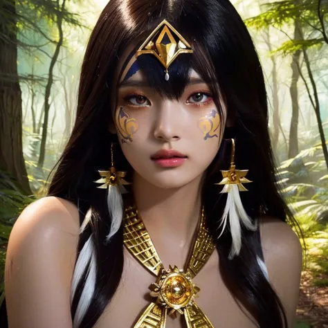 anime girl with white face paint and golden jewelry in the forest, native american woman, aztec princess, fantasy art style, dar...