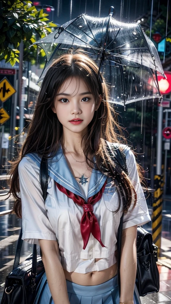 (RAW shooting, Photoreal:1.5, 8k, highest quality, masterpiece, ultra high resolution), perfect dynamic composition:1.2, street corner at night, look up at the sky:1.3, (((Typhoon heavy rain))), Highly detailed skin and facial textures:1.2, Slim high school girl wet in the rain:1.3, sexy beauty:1.1, perfect style:1.2, beautiful and aesthetic:1.1, Fair skin, very beautiful face, (rain drips all over my body:1.2, wet hair:1.4, wet uniform:1.2), water droplets on the skin, (Medium chest, Bra is sheer, Chest gap), (embarrassing smile, The expression on your face when you feel intense caress, Facial expression when feeling pleasure), (beautiful blue eyes, Eyes that feel beautiful eros:0.8), (Too erotic:0.9, Bewitching:0.9), cowboy shot, student bag