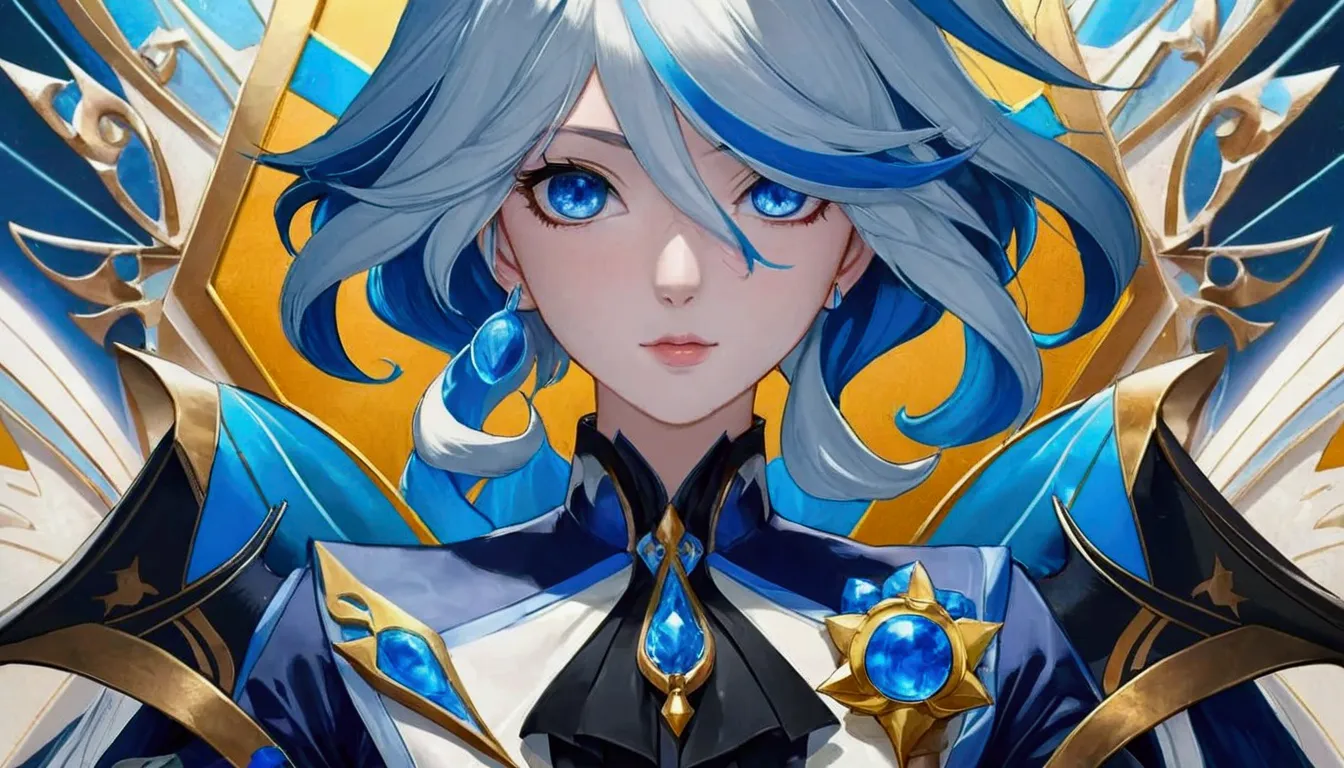 anime girl with blue hair and blue eyes in front of a golden background, portrait knights of the zodiac girl, detailed anime dig...