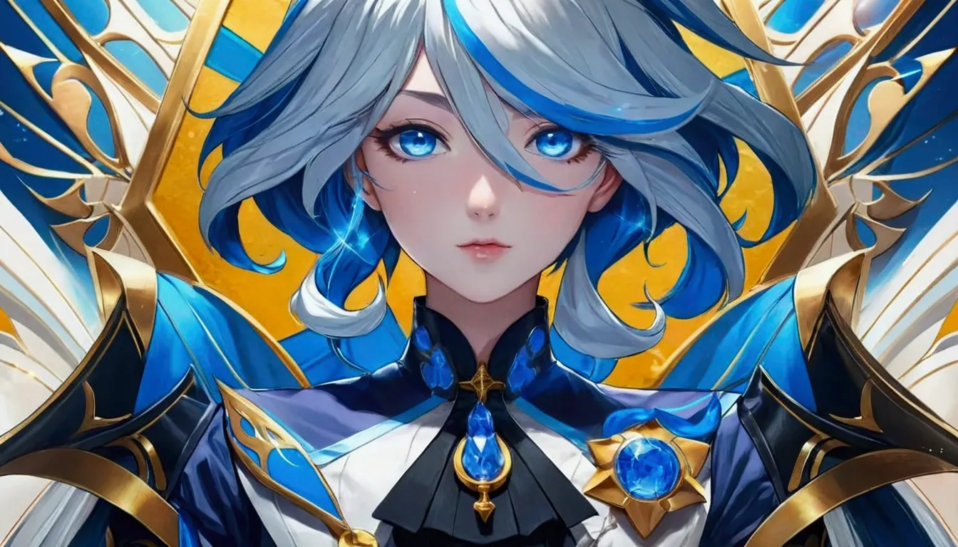 anime girl with blue hair and blue eyes in front of a golden background, portrait knights of the zodiac girl, detailed anime dig...