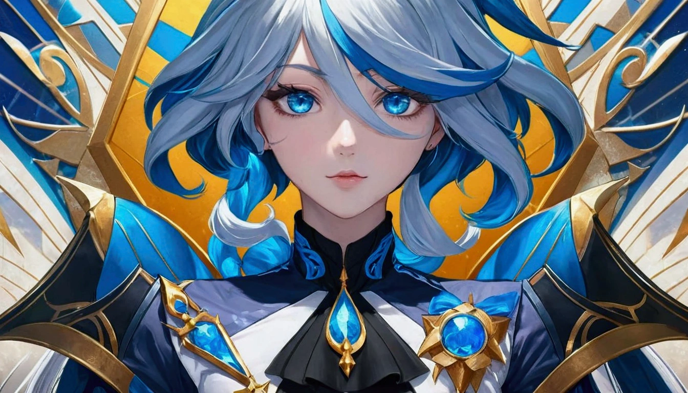 anime girl with blue hair and blue eyes in front of a golden background, portrait knights of the zodiac girl, detailed anime digital art, azure blue eyes, detailed key anime art, 8K anime art wallpaper, genshin, keqing do impacto genshin, High quality 8k detailed artwork, detailed anime character art, 4k anime art wallpaper, 4K anime art wallpaper