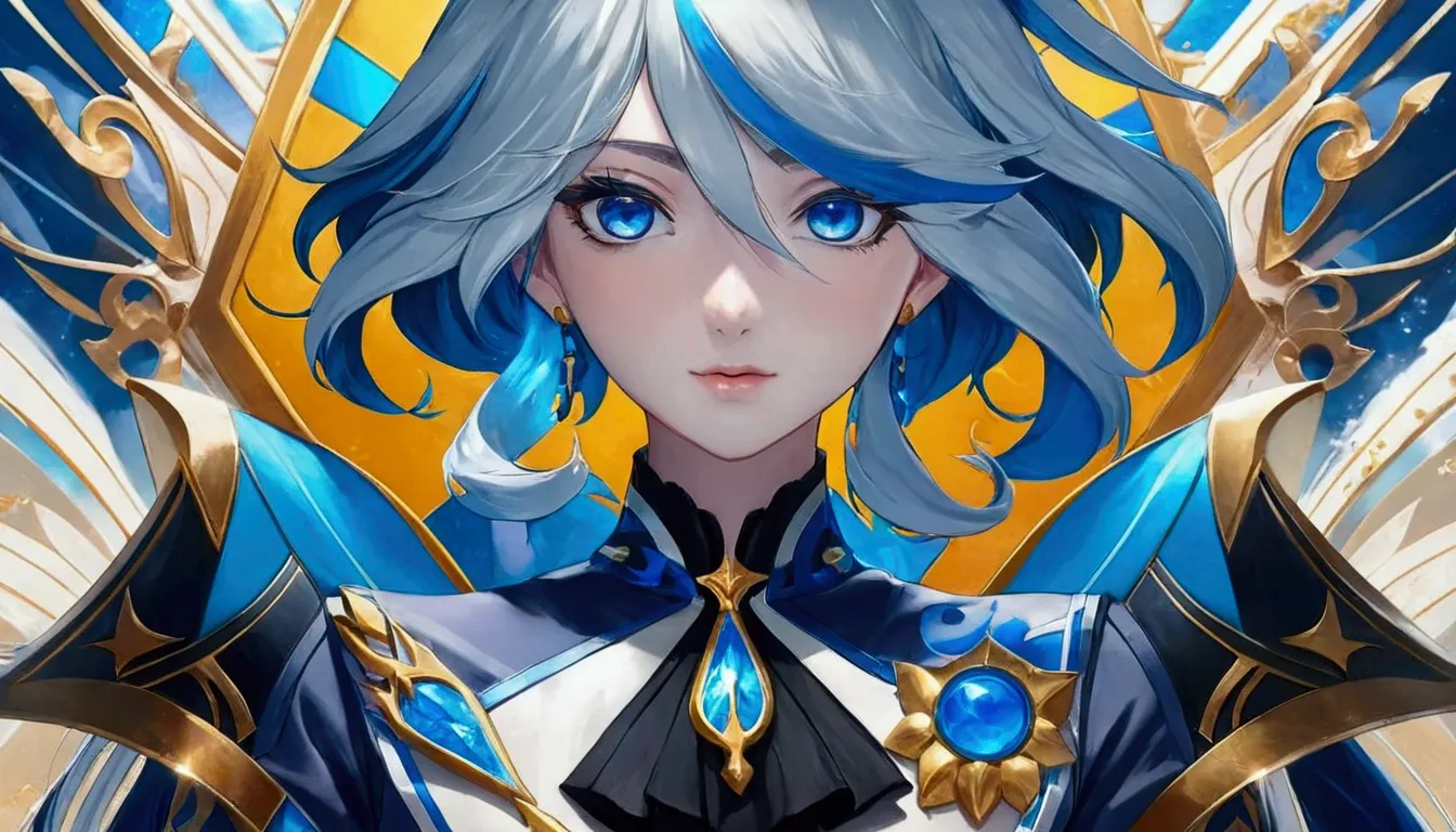 anime girl with blue hair and blue eyes in front of a golden background, portrait knights of the zodiac girl, detailed anime dig...